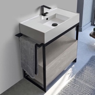Console Bathroom Vanity Console Sink Vanity With Ceramic Sink and Grey Oak Drawer Scarabeo 5123-SOL1-88